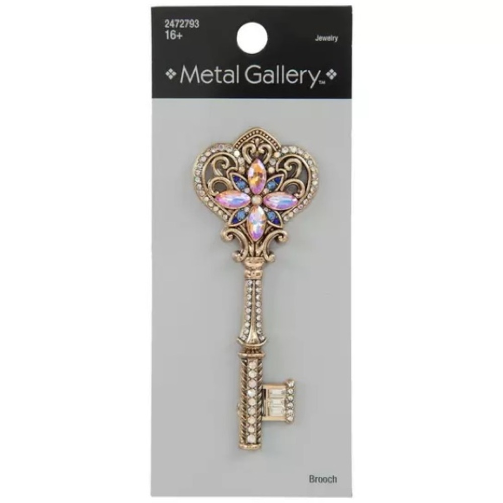 New Metal Gallery Ornate Rhinestone Key Brooch